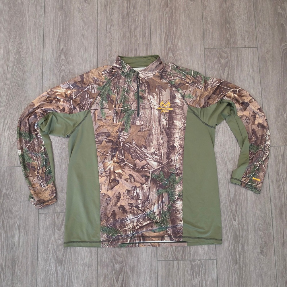 Realtree Xtra Mens 1/4 Zip Camo Hunting Shirt Long Sleeve Deep Green XL PTS007